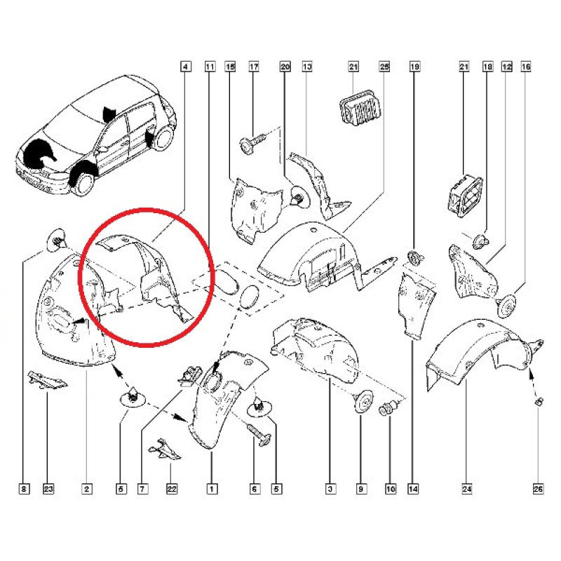 Підкрилок передній правий — задня частина Renault Megane II (Рено Меган 2) — 8200073429 Оригінал
