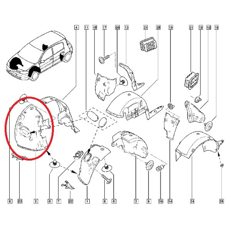 Підкрилок передній правий Renault Megane II (Рено Меган 2) — 8200415287 Оригінал