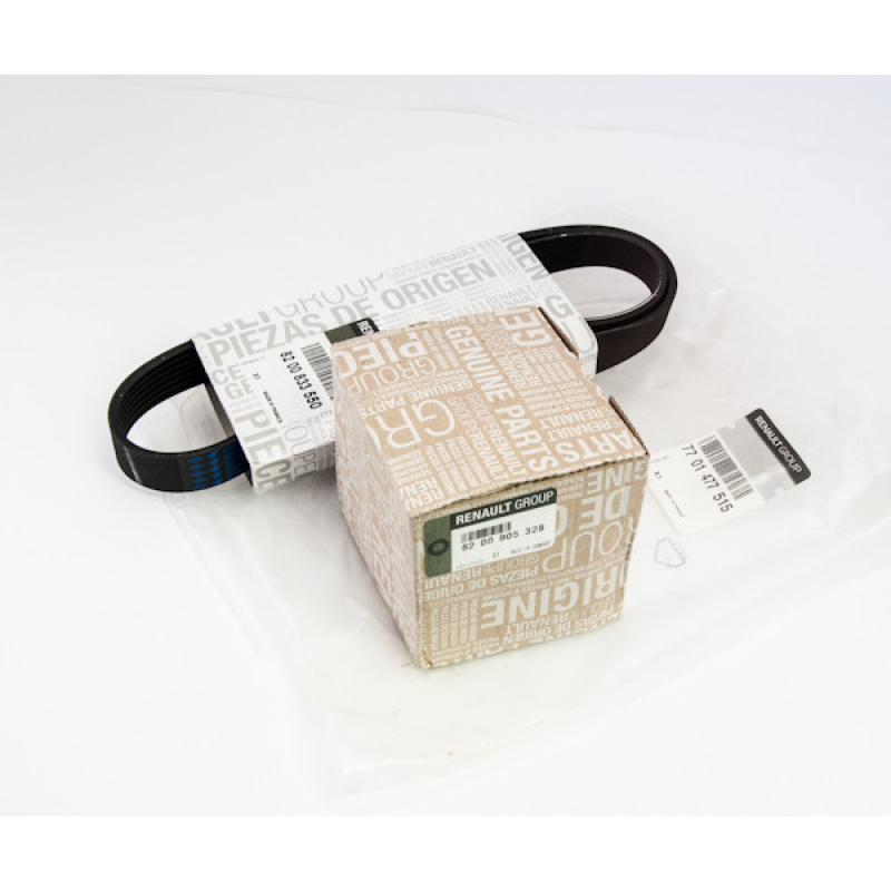 Ремінь + ролик-натягувач генератора (кондиціонера) Renault Megane II 2.0i 16V Оригінал — 77 01 477 515